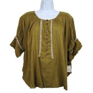 Free People Green Stitched Button Front Split Cuff Sleeve Top XS $88 price NWT